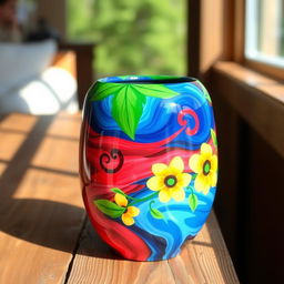 A medium-sized vase, beautifully painted using only red, blue, green, and yellow colors