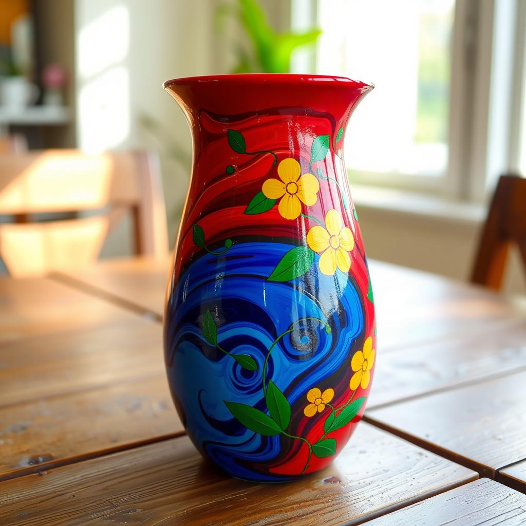 A medium-sized vase, beautifully painted using only red, blue, green, and yellow colors