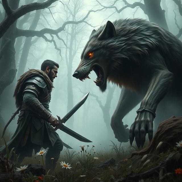 A dramatic scene depicting a fierce battle between a human and a wolf in a dense, misty forest