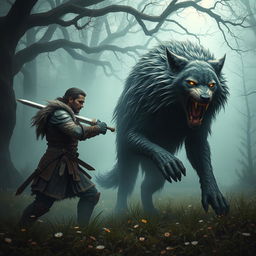 A dramatic scene depicting a fierce battle between a human and a wolf in a dense, misty forest