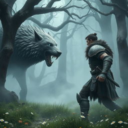 A dramatic scene depicting a fierce battle between a human and a wolf in a dense, misty forest