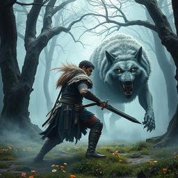 A dramatic scene depicting a fierce battle between a human and a wolf in a dense, misty forest