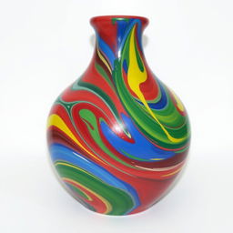 A medium-sized ceramic vase painted vibrantly in a swirling pattern using red, blue, green, and yellow paint