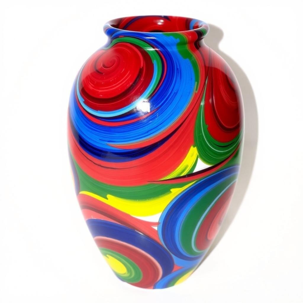 A medium-sized ceramic vase painted vibrantly in a swirling pattern using red, blue, green, and yellow paint