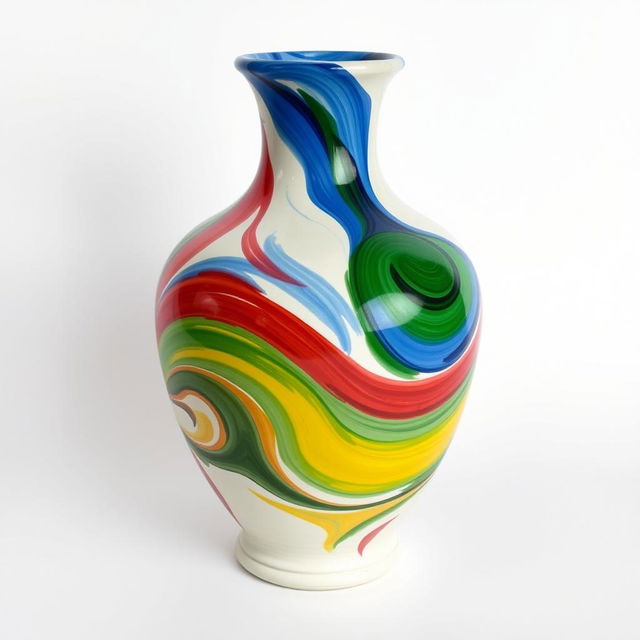 A medium-sized ceramic vase painted vibrantly in a swirling pattern using red, blue, green, and yellow paint