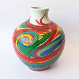 A medium-sized ceramic vase painted vibrantly in a swirling pattern using red, blue, green, and yellow paint