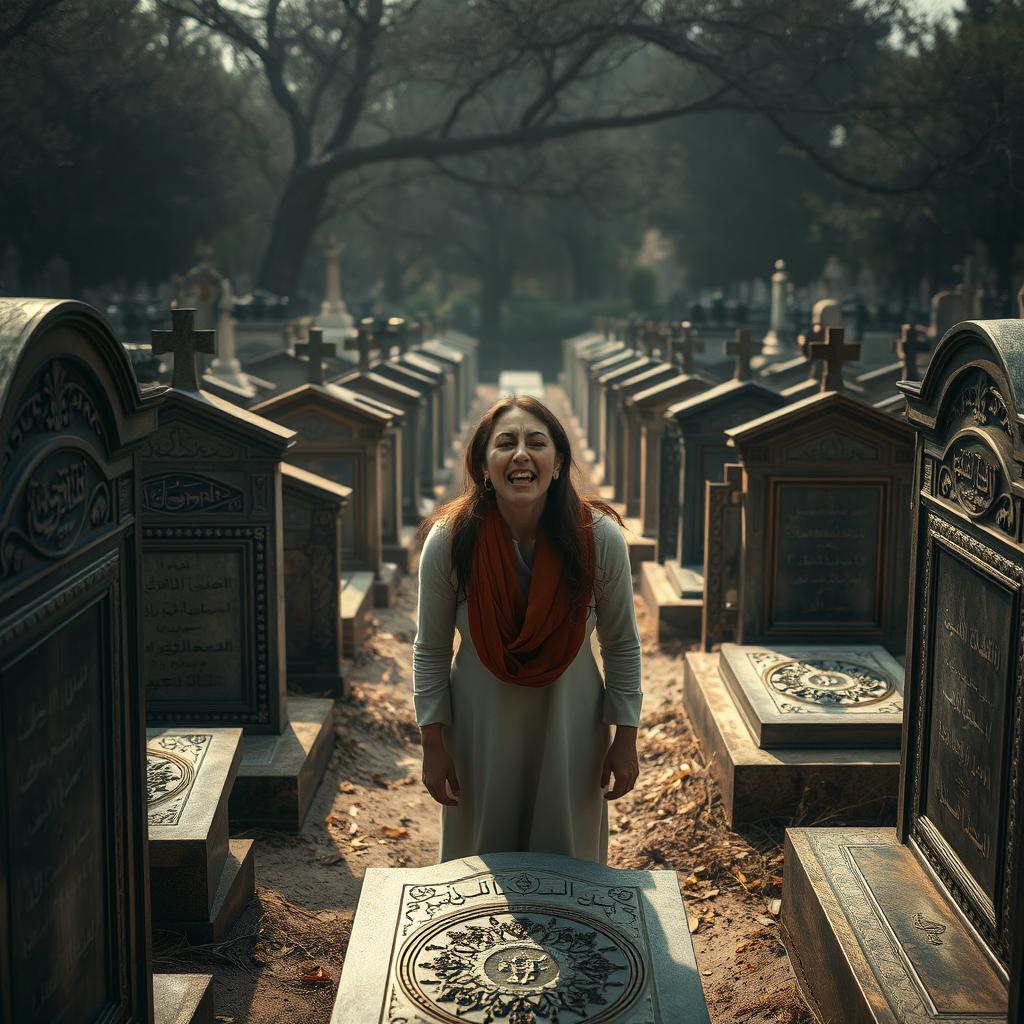 A cemetery filled with Iranian graves, beautifully arranged in a perspective view that draws the eye into the depth of the scene