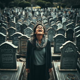 A cemetery filled with Iranian graves, beautifully arranged in a perspective view that draws the eye into the depth of the scene