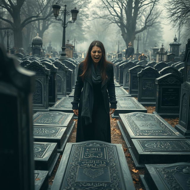 A cemetery filled with Iranian graves, beautifully arranged in a perspective view that draws the eye into the depth of the scene