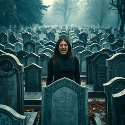 A cemetery filled with Iranian graves, beautifully arranged in a perspective view that draws the eye into the depth of the scene