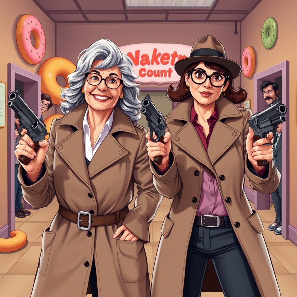 A comedic scene featuring two women detectives in a playful, action-packed pose, each holding a Magnum revolver