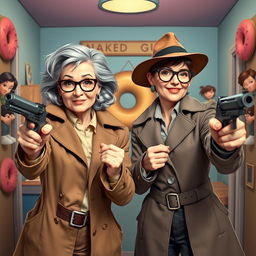 A comedic scene featuring two women detectives in a playful, action-packed pose, each holding a Magnum revolver
