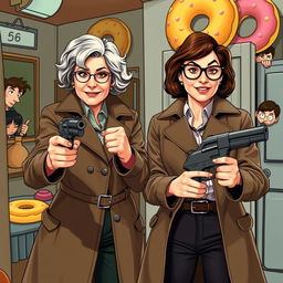 A comedic scene featuring two women detectives in a playful, action-packed pose, each holding a Magnum revolver
