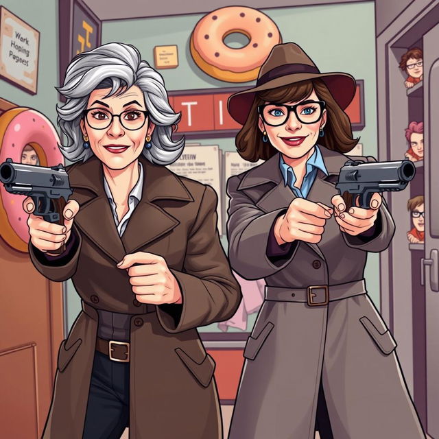 A comedic scene featuring two women detectives in a playful, action-packed pose, each holding a Magnum revolver