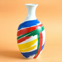 A medium-sized ceramic vase painted in a lively and abstract design using only red, blue, green, and yellow paint