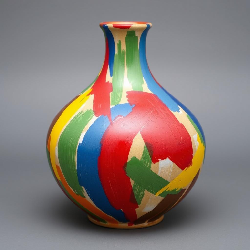 A medium-sized ceramic vase painted in a lively and abstract design using only red, blue, green, and yellow paint