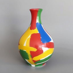 A medium-sized ceramic vase painted in a lively and abstract design using only red, blue, green, and yellow paint