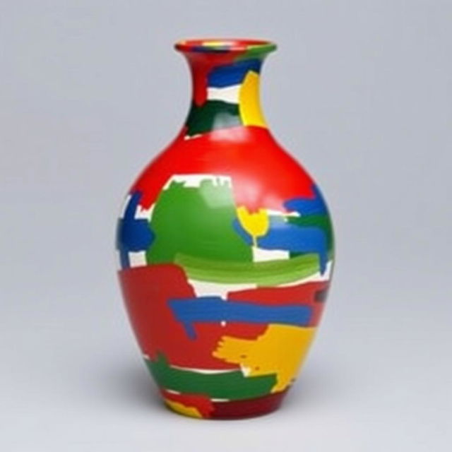 A medium-sized ceramic vase painted in a lively and abstract design using only red, blue, green, and yellow paint