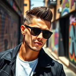 A stylish man with a confident expression wearing cool black sunglasses