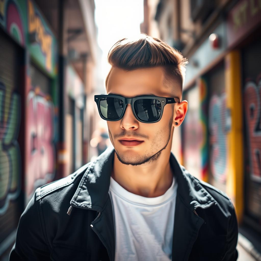 A stylish man with a confident expression wearing cool black sunglasses