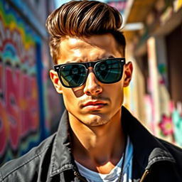 A stylish man with a confident expression wearing cool black sunglasses