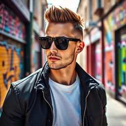 A stylish man with a confident expression wearing cool black sunglasses