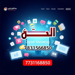 A modern and sleek website design for 'الأيهم للدعاية والإعلان والتسويق الإلكتروني', featuring the name 'الأيهم' prominently displayed in bold Arabic font