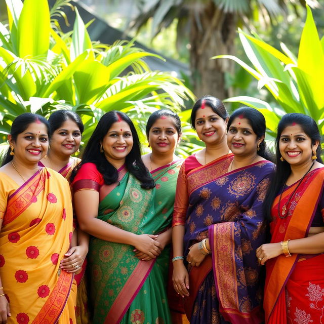 A portrait of a group of Bangladeshi women dressed in vibrant traditional attire, showcasing beautiful saris with intricate designs and vivid colors