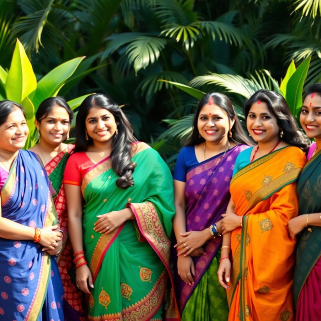 A portrait of a group of Bangladeshi women dressed in vibrant traditional attire, showcasing beautiful saris with intricate designs and vivid colors