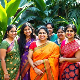 A portrait of a group of Bangladeshi women dressed in vibrant traditional attire, showcasing beautiful saris with intricate designs and vivid colors