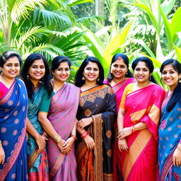 A portrait of a group of Bangladeshi women dressed in vibrant traditional attire, showcasing beautiful saris with intricate designs and vivid colors