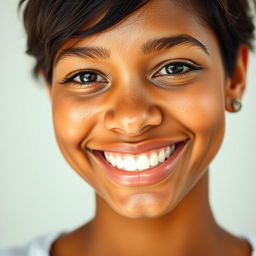 A close-up portrait of a person with a warm smile, featuring bright, radiant skin that glows softly, highlighting their facial features beautifully