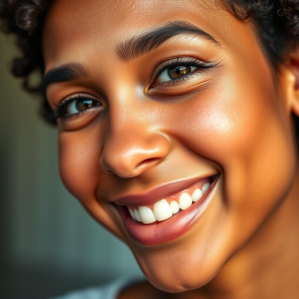 A close-up portrait of a person with a warm smile, featuring bright, radiant skin that glows softly, highlighting their facial features beautifully