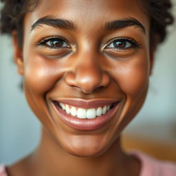 A close-up portrait of a person with a warm smile, featuring bright, radiant skin that glows softly, highlighting their facial features beautifully