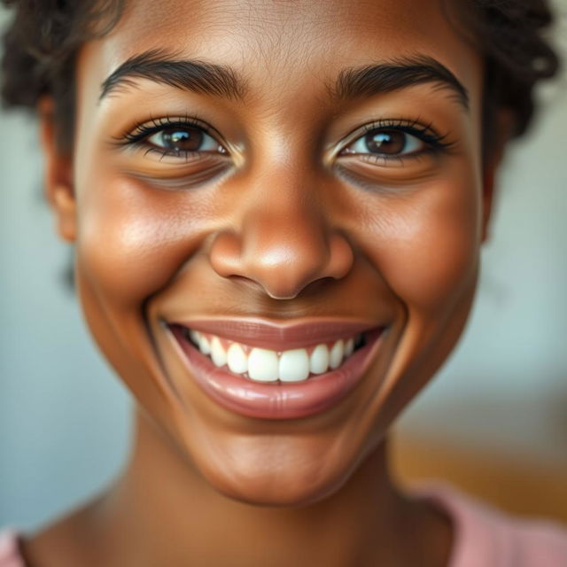 A close-up portrait of a person with a warm smile, featuring bright, radiant skin that glows softly, highlighting their facial features beautifully