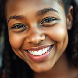 A close-up portrait of a person with a warm smile, featuring bright, radiant skin that glows softly, highlighting their facial features beautifully