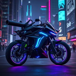 A futuristic combat motorcycle featuring an integrated cannon, designed in vibrant cyberpunk style