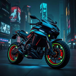 A futuristic combat motorcycle featuring an integrated cannon, designed in vibrant cyberpunk style