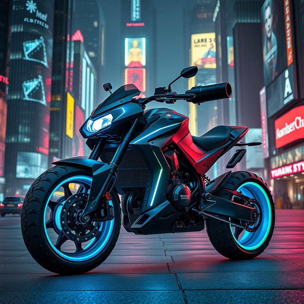 A futuristic combat motorcycle featuring an integrated cannon, designed in vibrant cyberpunk style