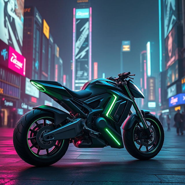 A futuristic combat motorcycle featuring an integrated cannon, designed in vibrant cyberpunk style