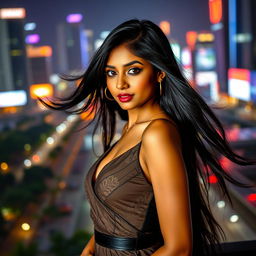 A stunningly beautiful Bangladeshi woman with alluring features, dressed in elegant, fashionable attire, exuding confidence and charm