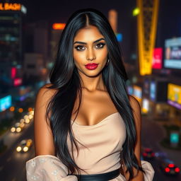 A stunningly beautiful Bangladeshi woman with alluring features, dressed in elegant, fashionable attire, exuding confidence and charm
