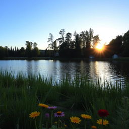 A serene landscape featuring a tranquil lake surrounded by lush greenery, with tall trees gently swaying in the breeze under a clear blue sky