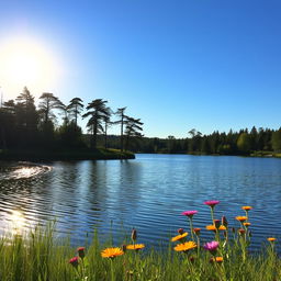 A serene landscape featuring a tranquil lake surrounded by lush greenery, with tall trees gently swaying in the breeze under a clear blue sky