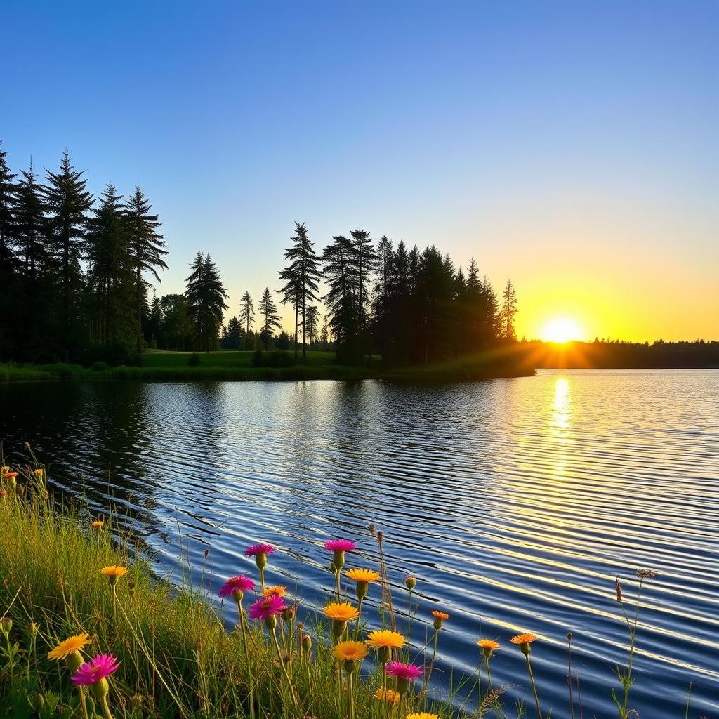 A serene landscape featuring a tranquil lake surrounded by lush greenery, with tall trees gently swaying in the breeze under a clear blue sky