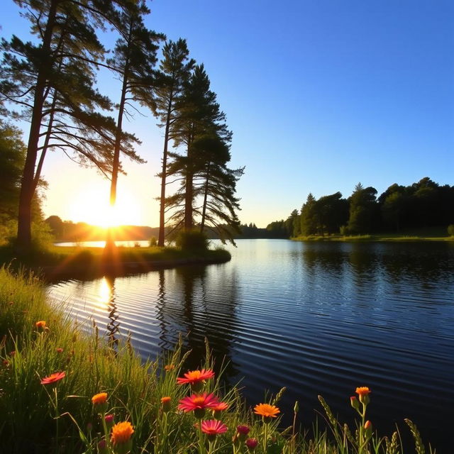 A serene landscape featuring a tranquil lake surrounded by lush greenery, with tall trees gently swaying in the breeze under a clear blue sky