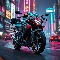A futuristic cyberpunk combat motorcycle equipped with various weapons, boasting a sleek and aggressive design