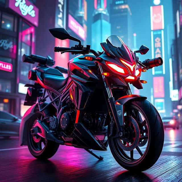 A futuristic cyberpunk combat motorcycle equipped with various weapons, boasting a sleek and aggressive design