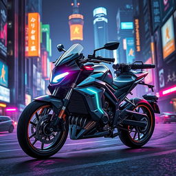 A futuristic cyberpunk combat motorcycle equipped with various weapons, boasting a sleek and aggressive design