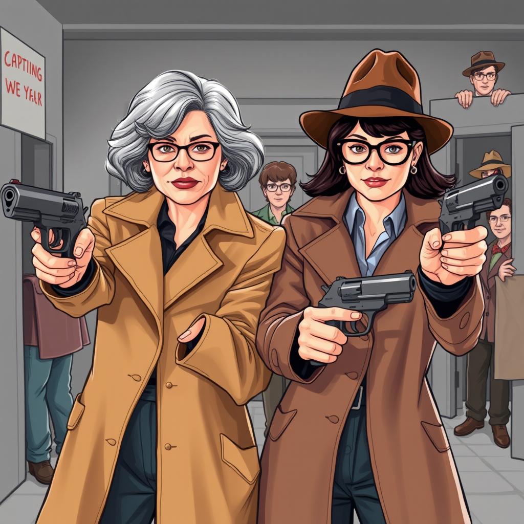 A comedic scene featuring two women detectives in an action-packed pose, each holding a Magnum revolver